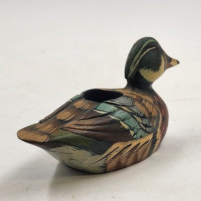 Mallard Duck Decoy Candle Holder Hand Painted Wooden 5.5" Rustic Philippines Vtg