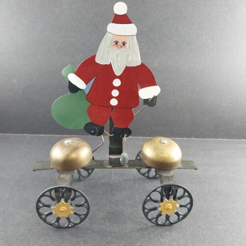 Metal Santa Bell Ringer Wagon Hand Made Folk Art Rolling Cart Rings Bell Vintage