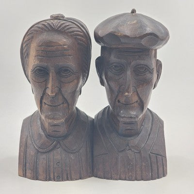 Hand Carved Wood Bookends Man & Woman Bust Folk Art Black Forest Vintage
