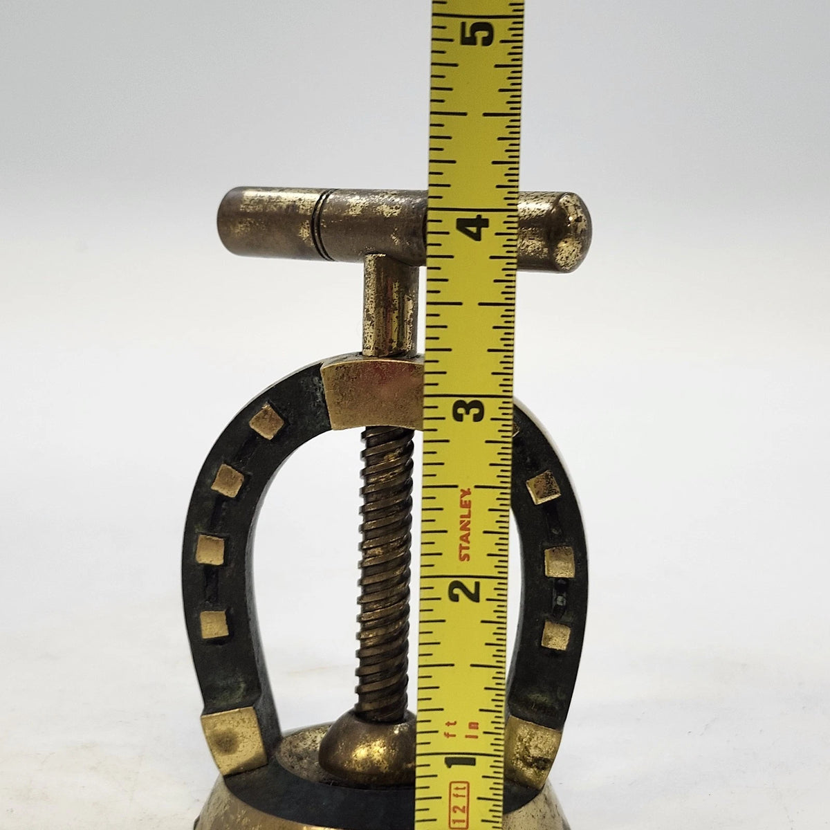 Horseshoe Screw-Down Nutcracker Gold Tone Metal T-Handle Tabletop 3.5" Patina
