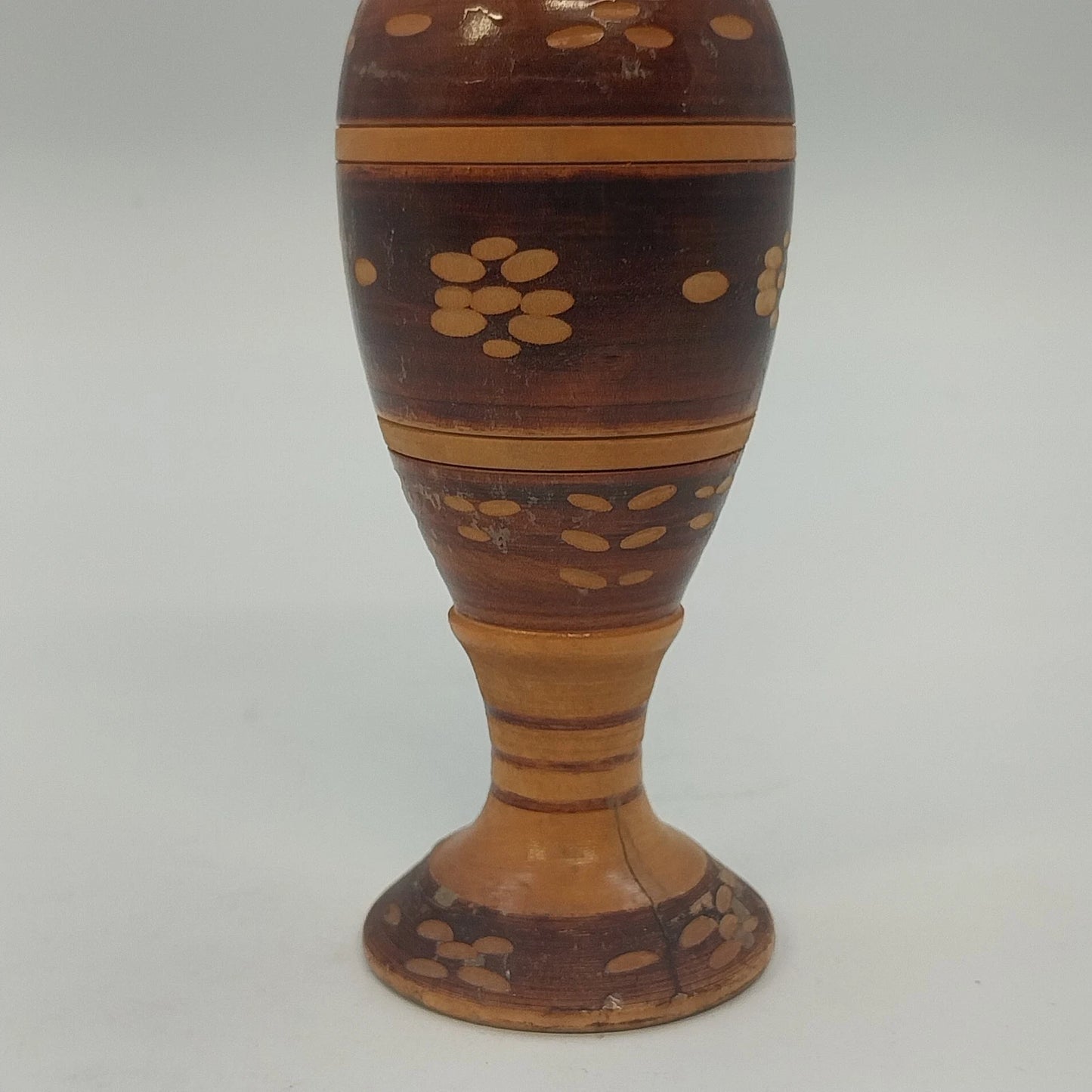 Hand Crafted Wooden Bud Vase Brown Carved Detailed Inlay Folk Art 6.9" Vintage