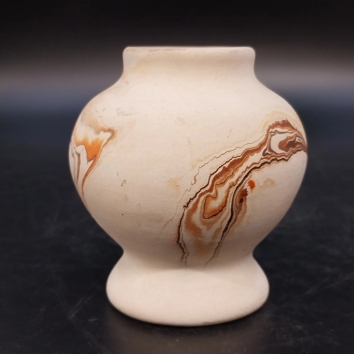 Nemadji Pottery Pedestal Vase Marbled Clay Brown Mauve Swirl 3.25" Vintage USA