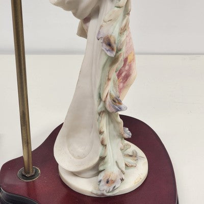 Lady Holding Peacock Table Lamp With Domed Glass Beaded Shade Art Deco Style 24"