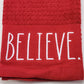 3 Rae Dunn Christmas Red Kitchen Towel Embroidered Peace Joy Believe 100% Cotton