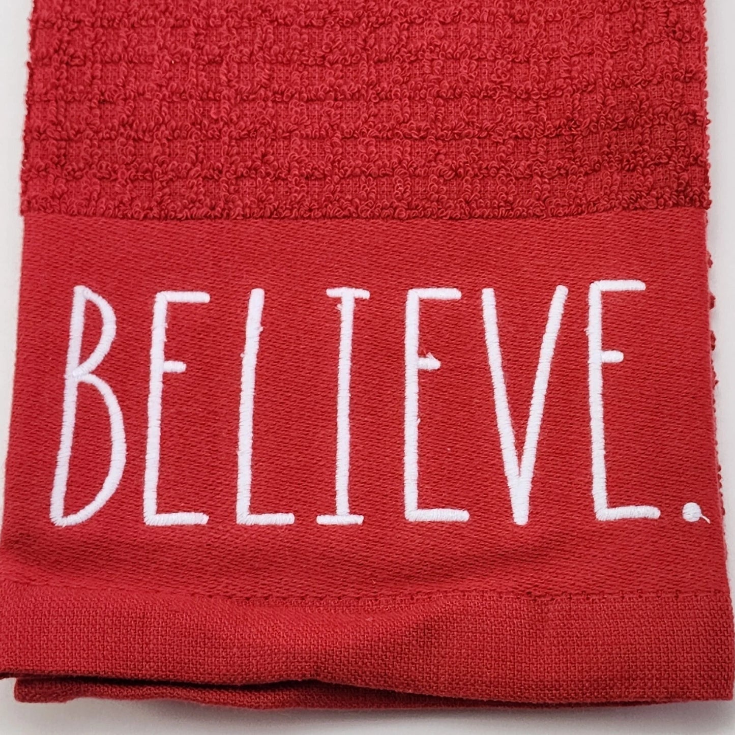 3 Rae Dunn Christmas Red Kitchen Towel Embroidered Peace Joy Believe 100% Cotton