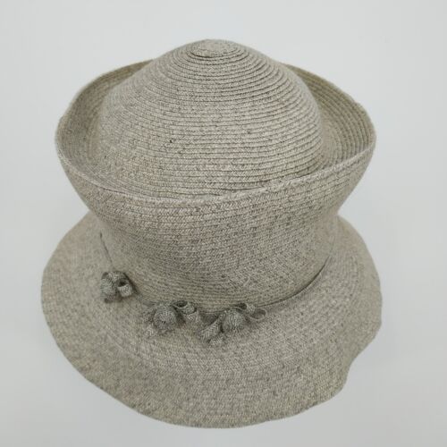 Deborah Rhodes Brimmed Hat Gray Straw Weave Bows Buttons 2.5" Brim Women Medium