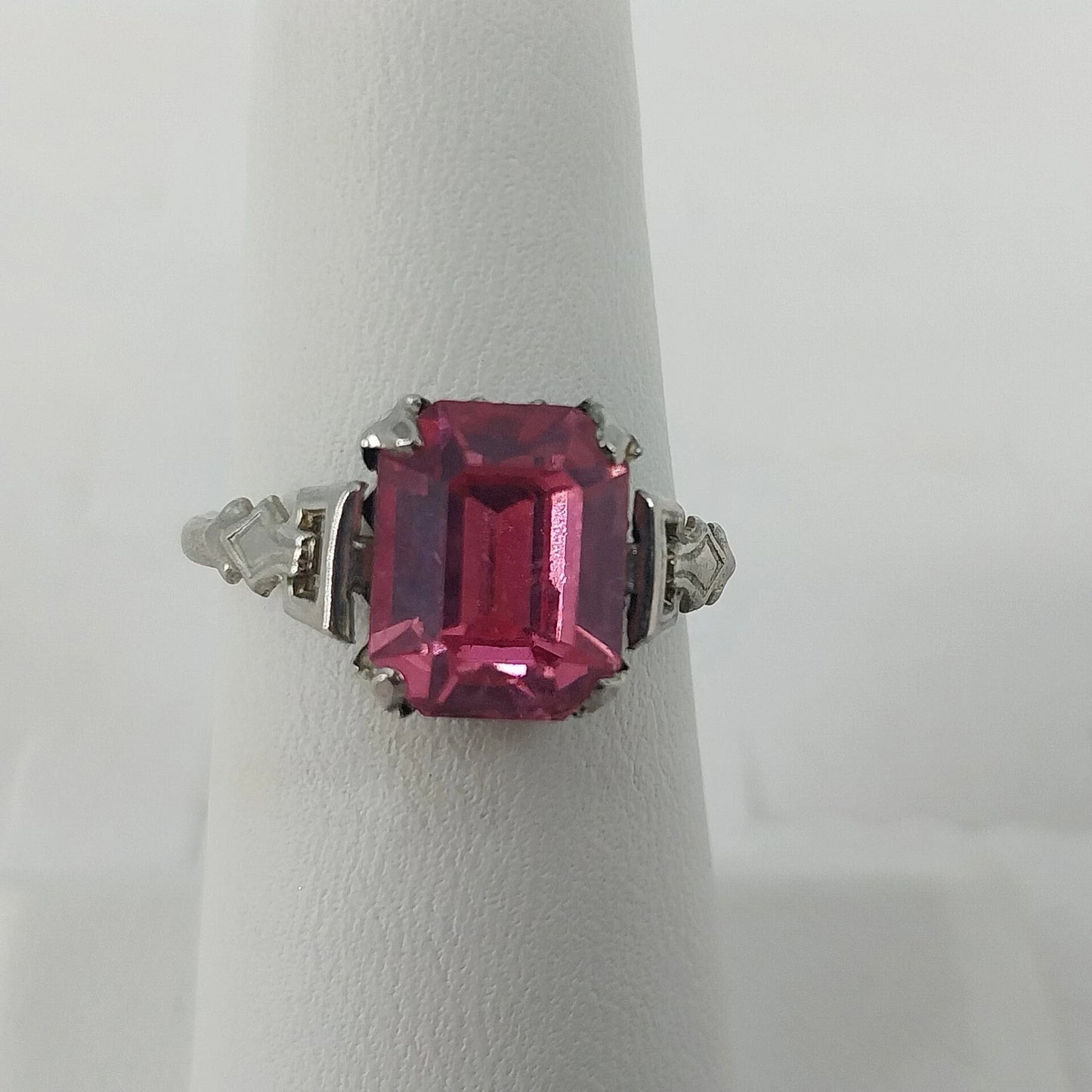 Pink Glass Emerald Cut Ring Silver Tone Art Deco Style Size 7 Fashion Vintage