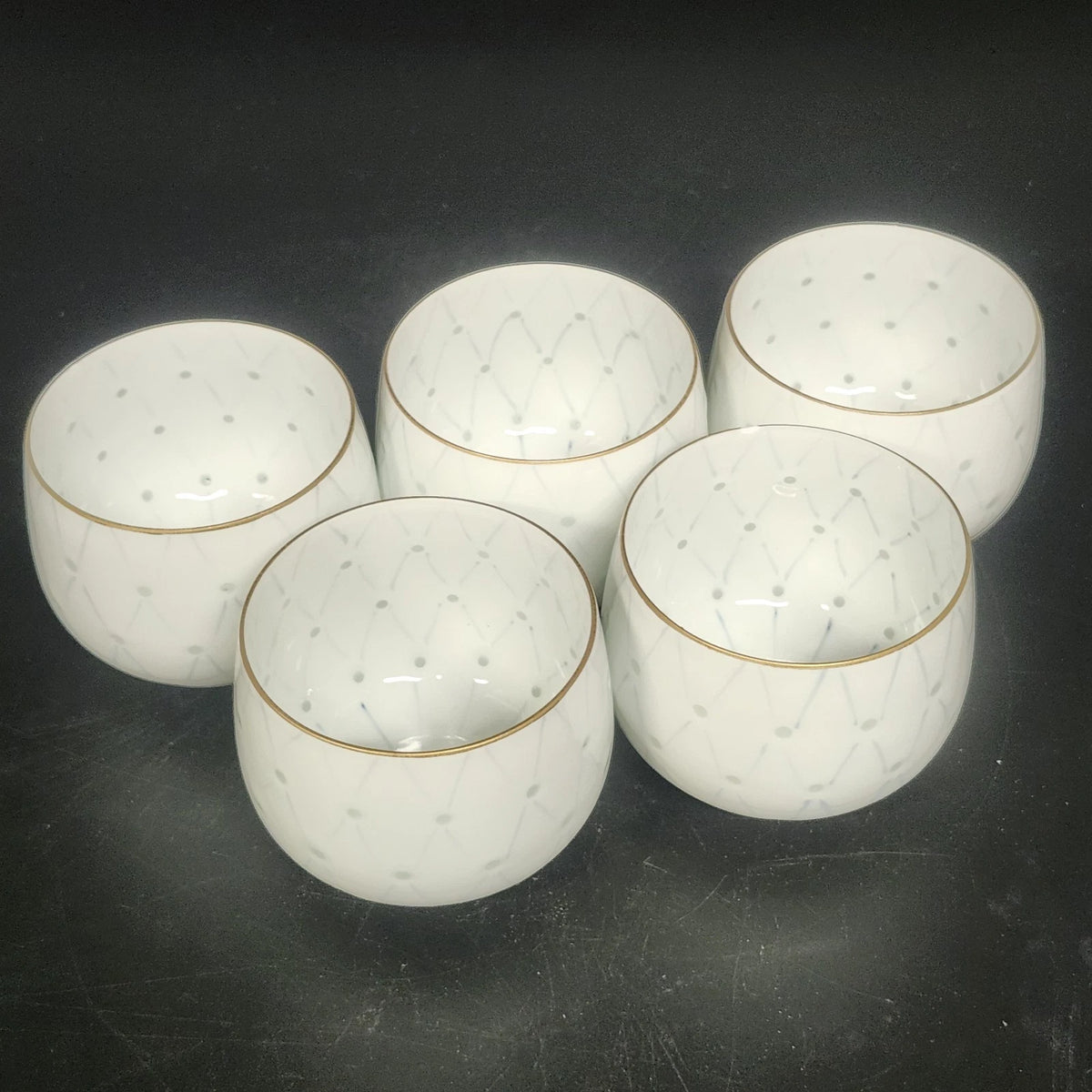Japanese Hotarude Firefly Porcelain Tea Cups Set 5 Blue White Gold Rim Vintage