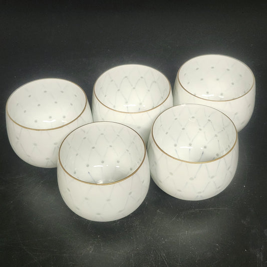 Japanese Hotarude Firefly Porcelain Tea Cups Set 5 Blue White Gold Rim Vintage