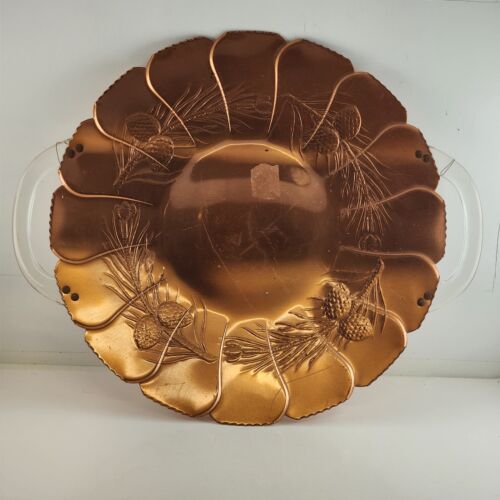 Large 16" Copper Platter Acrylic Handles Petal & Pine Branch Design Scalloped