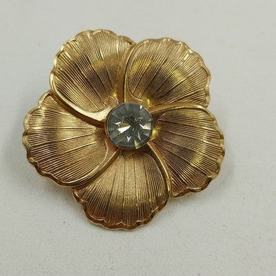 Gold Tone Pansy Flower Seashell Petals with Faceted Clear Rhinestone Brooch Pin