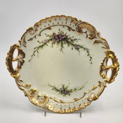 Limoges France 10.5" Round Platter Hand Decorated Floral Gold Trim Handle