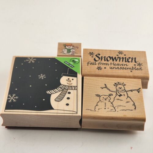 Lot of 4 Snowmen Christmas & Holiday Themed Wooden Mounted Rubber Stamps Vintage