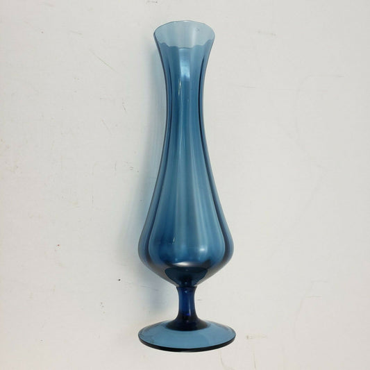 Art Glass Blue Ribbed Bud Vase Stemmed Midnight Blue Italy Handmade 9.5”