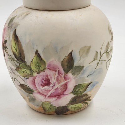 Bisque Porcelain Ginger Jar Pink Green Floral 5.75"x5" Hand Painted
