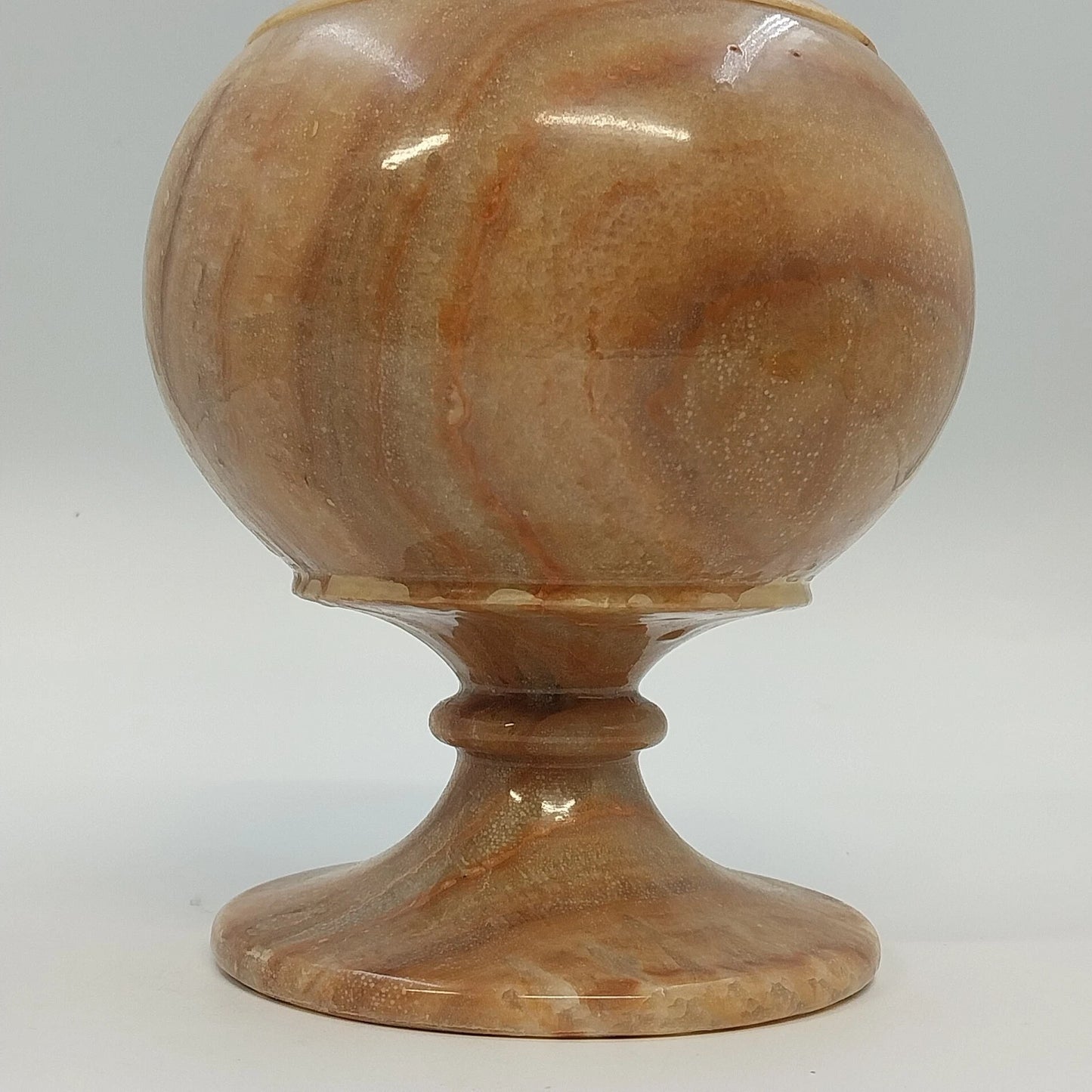 Banded Alabaster Pedestal Candy Dish Lidded Jar Cream Brown Natural Stone 9"
