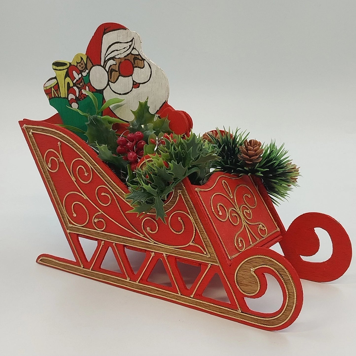 Santa Claus Wood Sleigh Card Holder Candy Bowl Pinecone Christmas 9" Centerpiece