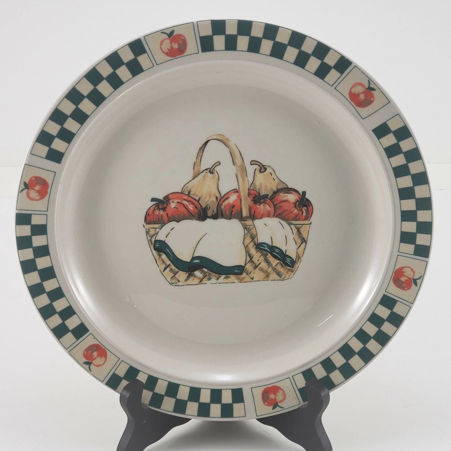 3 Gibson Welcome Home Dinner Plates 10.25" Stoneware Fruit Basket Green Rim