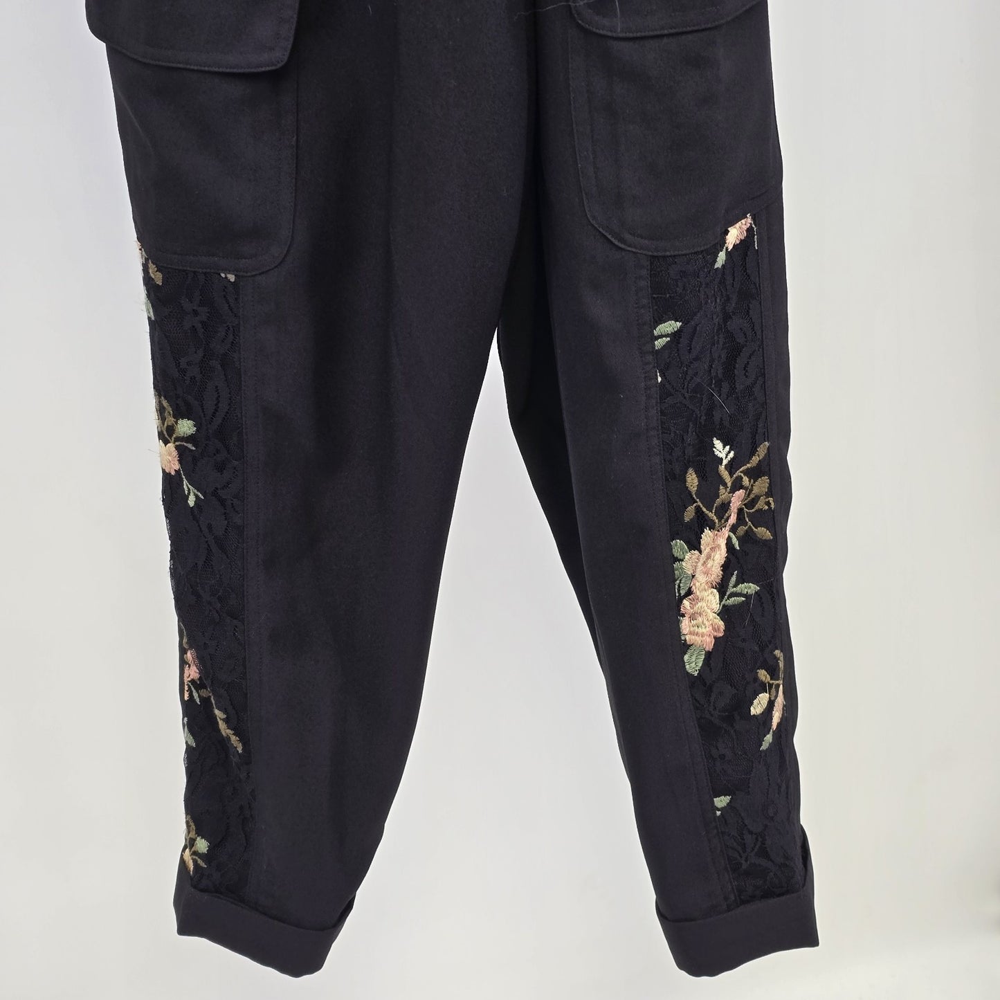 Knox Rose Gray Jogger Casual Cargo Pants Embroidered Floral Elastic Waist Large