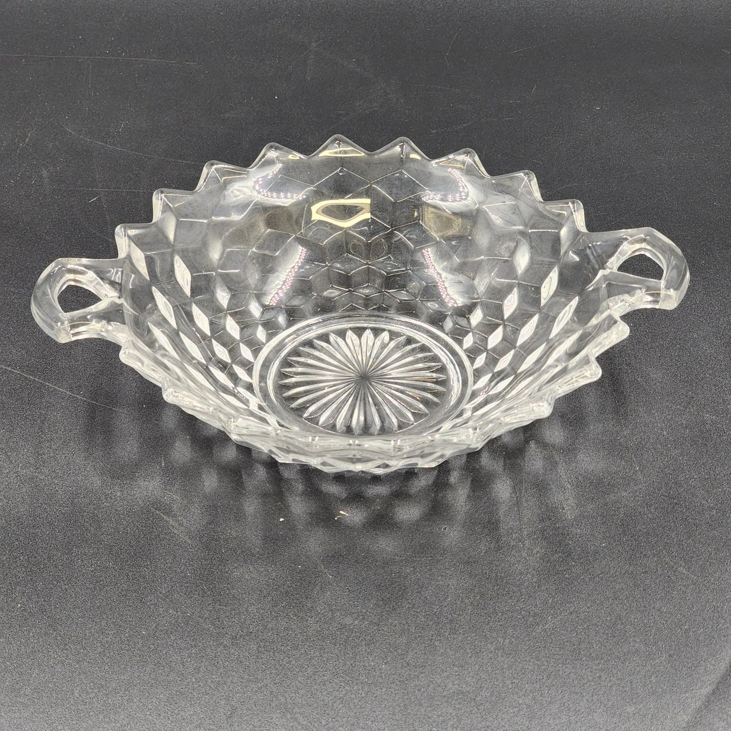 Fostoria American Clear Serving Bowl 8.75" w 2 Handles Cubist Design Glass Vtg