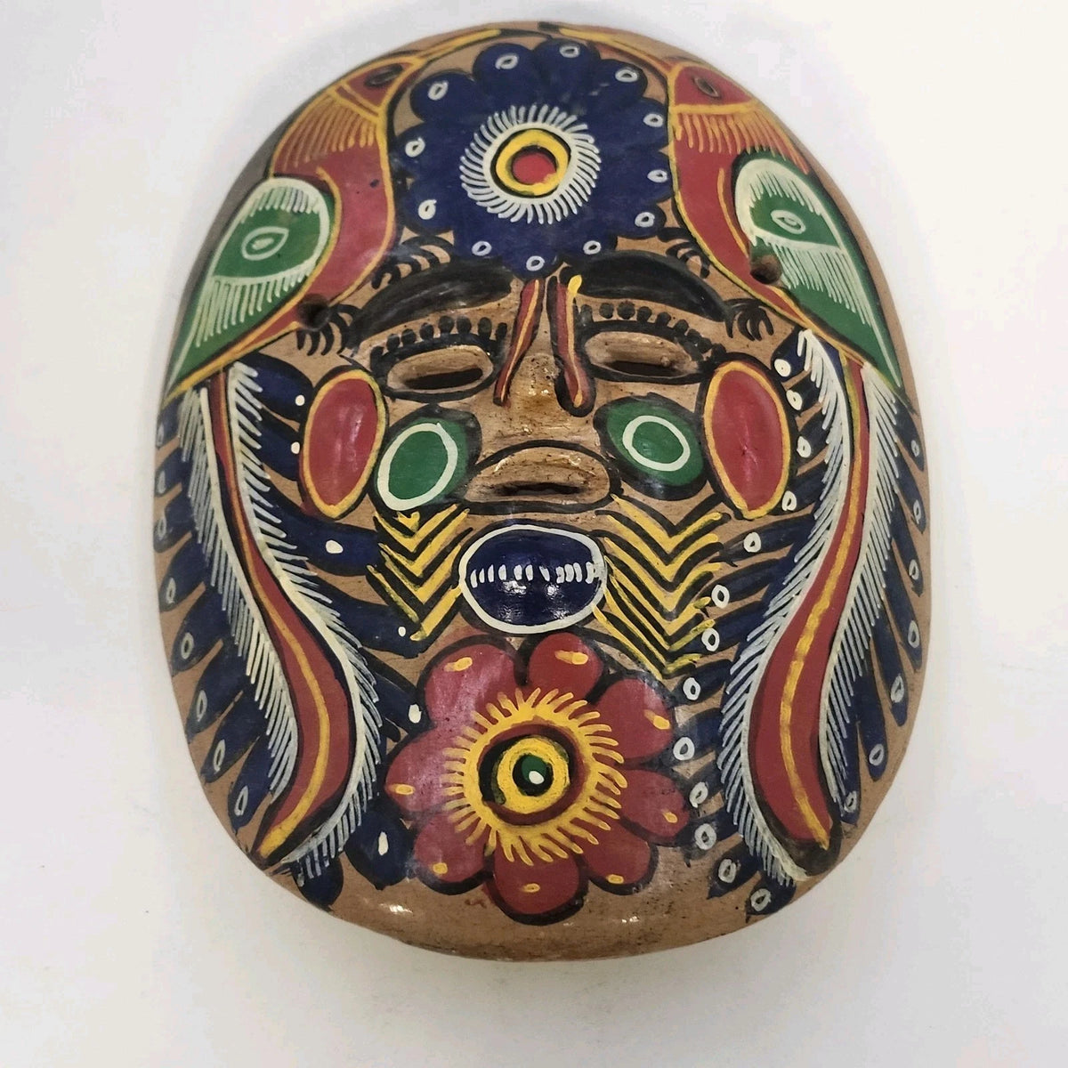 Hand Painted Natural Clay Wall Mask Bird Floral Folk Art 6" x 5" Mexican Pottery