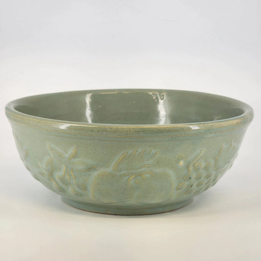 Stoneware Pottery Serving Bowl McCoy USA Seafoam Green Embossed Fruit Grapes 9"