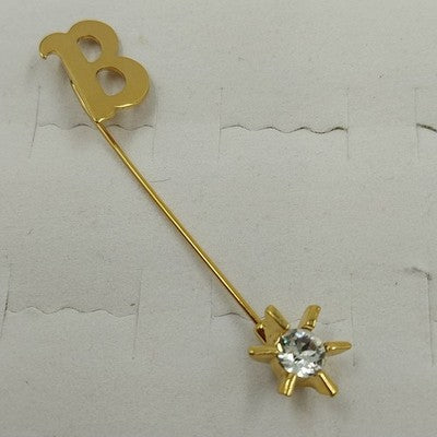 Gold Tone B Stick Pin with Crystal Rhinestone & Wooden Letter B Brooch Lapel