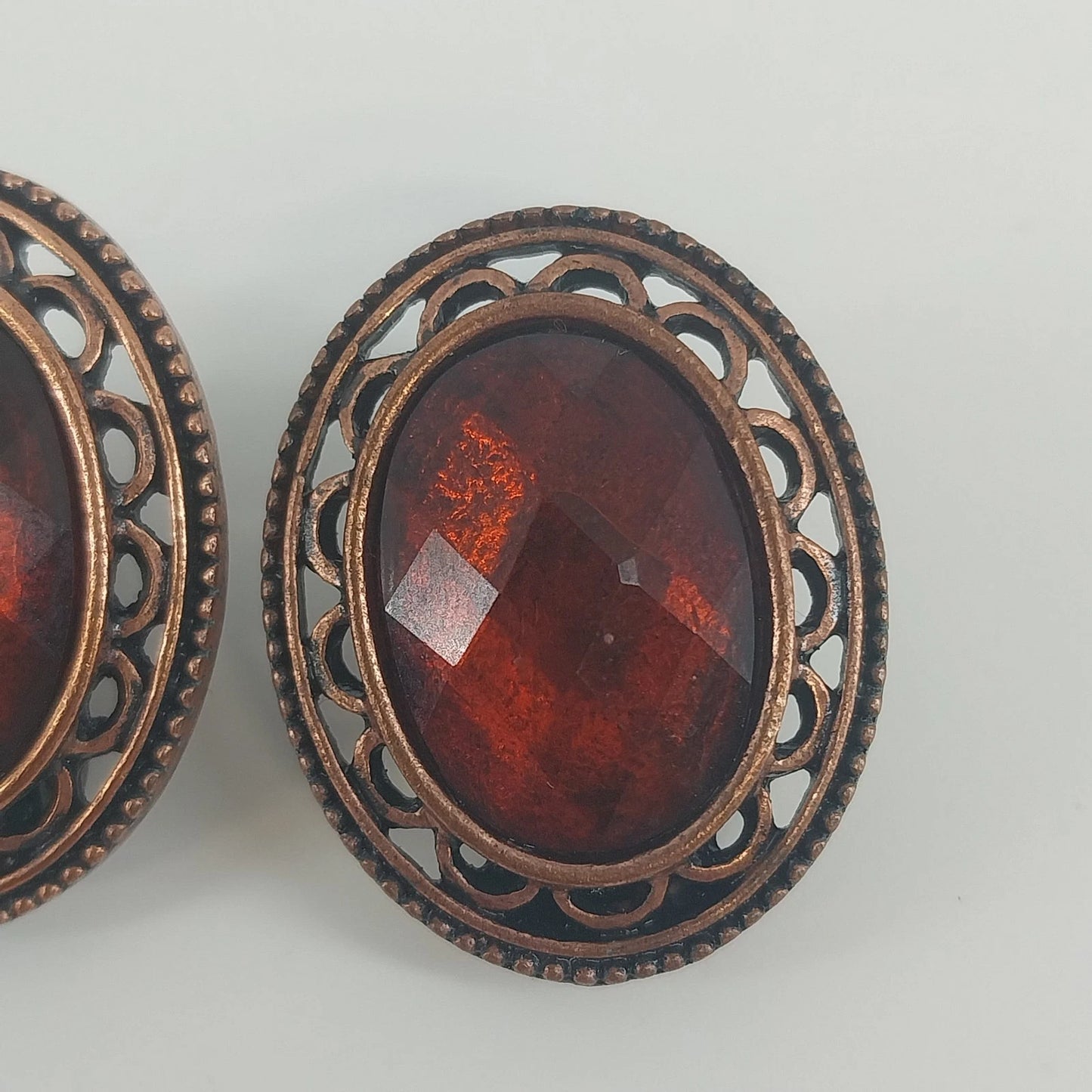 Vintage Root Beer Rhinestone Clip On Earrings Bronze Filigree