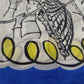 Silk Square Scarf 32" Lady with Umbrella in Rain Design Blue Border VTG
