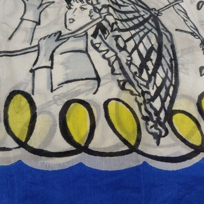 Silk Square Scarf 32" Lady with Umbrella in Rain Design Blue Border VTG