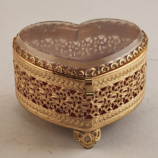 Heart Shaped Ring Jewelry Box Trinket Dresser Filagree Gold Acrylic Top 1980's