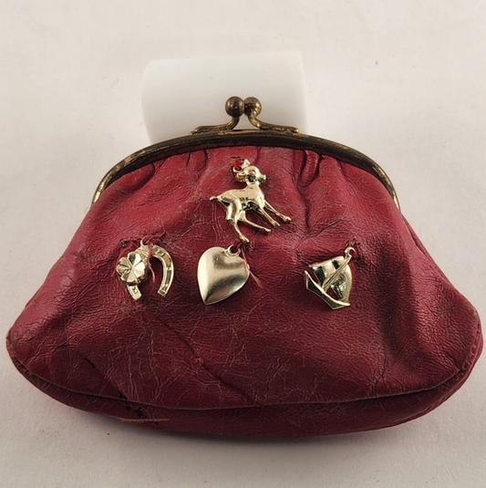 Kiss Top Coin Purse Red Vintage Charms 1950s France Rough Change Holder As Is