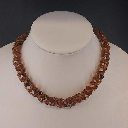 Amber Brown Faceted Bead Sequin Necklace Twisted Multi Strand Statement Vintage