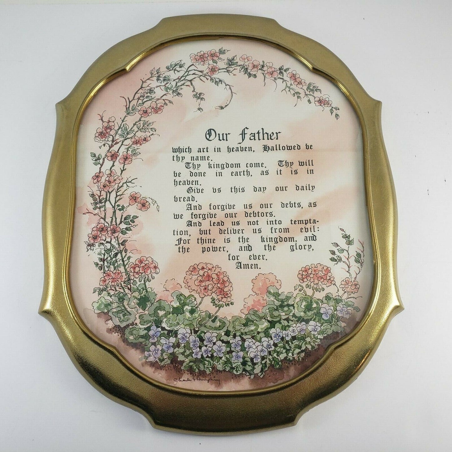 The Lord's Prayer Gold Tone Framed Picture Art Religious Christian Decor Vintage