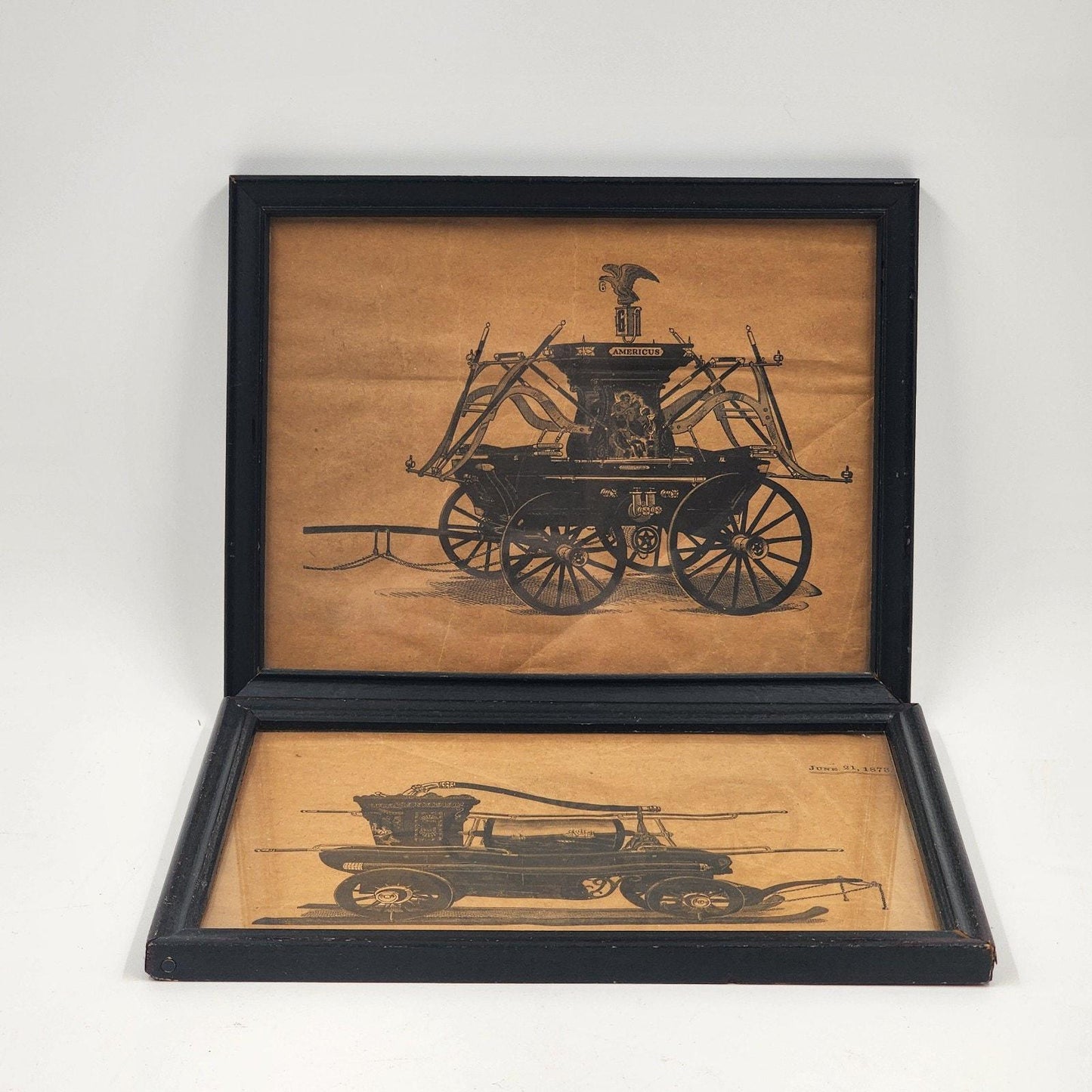 2 Firefighting Art Prints Horse-Drawn Fire Engine & Hand Pump Cart Wall Decor 1