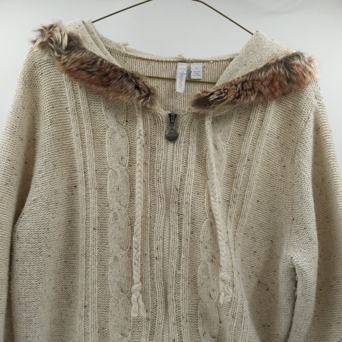 Relativity Women’s Sweater Size XL Beige with Brown Accents Fur Hood Zip Front