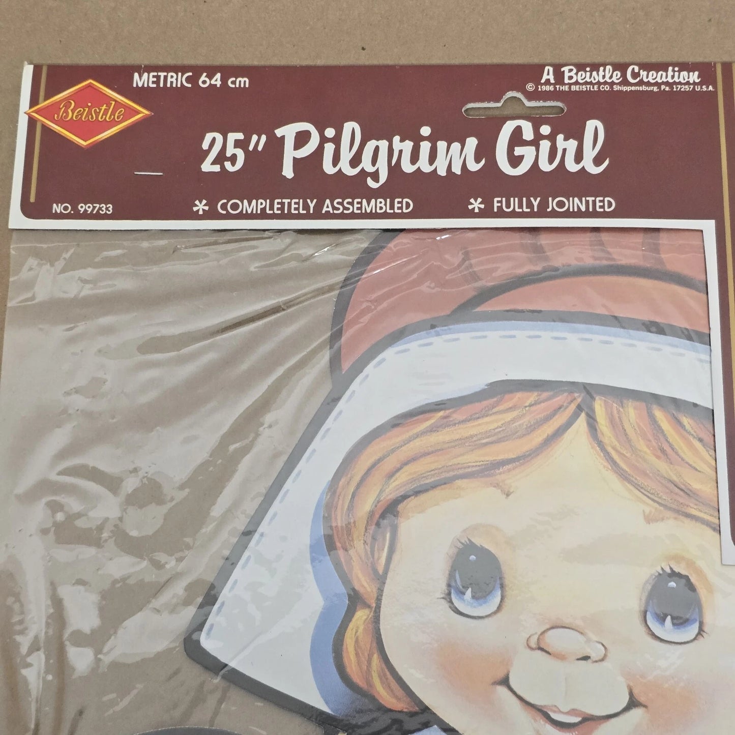 Beistle 25” Pilgrim Girl Jointed Die Cut Cardboard '86 Thanksgiving Fall Harvest