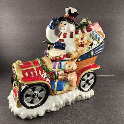 Tomsky Snowman Lg Cookie Jar Red Car Full of Toys Presents Tree Decorations 2004