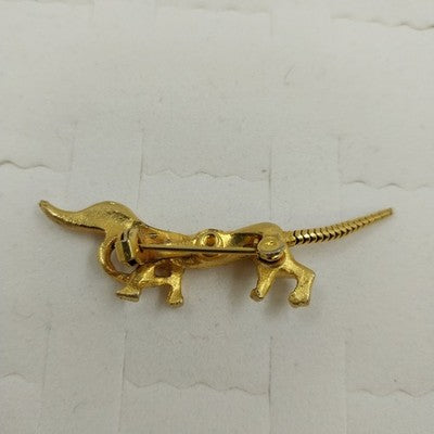 Dachshund Dog Gold Tone Brooch Badge Pin w Red Eyes Crystal Clear Rhinestone Vtg