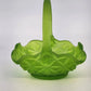 Westmoreland Green Satin Glass Basket Diamond Point Ruffled Candy Dish 6.5" Vtg