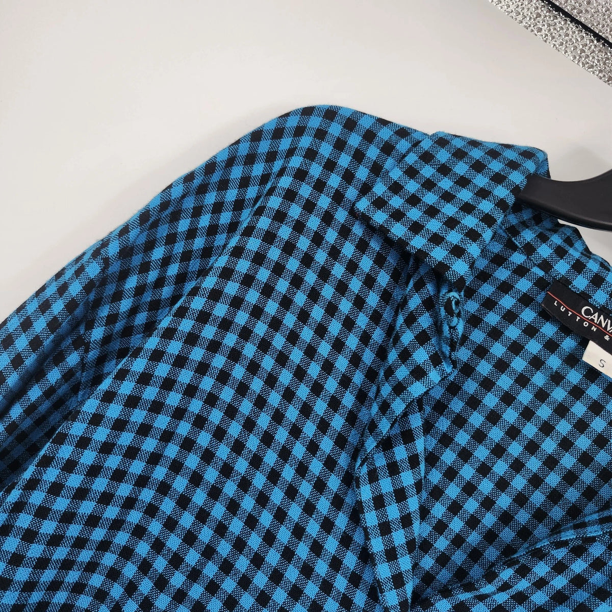 Canvasbacks Lutton & Horsfield Women's Small Blue Black Check Rayon Blouse