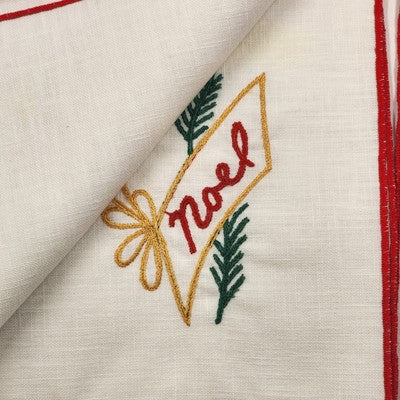 Set of 6 White Christmas Napkins 16" Red Hem Embroidered Holiday Designs