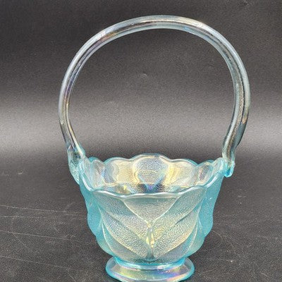 LE Smith Aqua Blue Stippled Glass Basket 6"w x 8.5" Applied Loose Handle AS IS