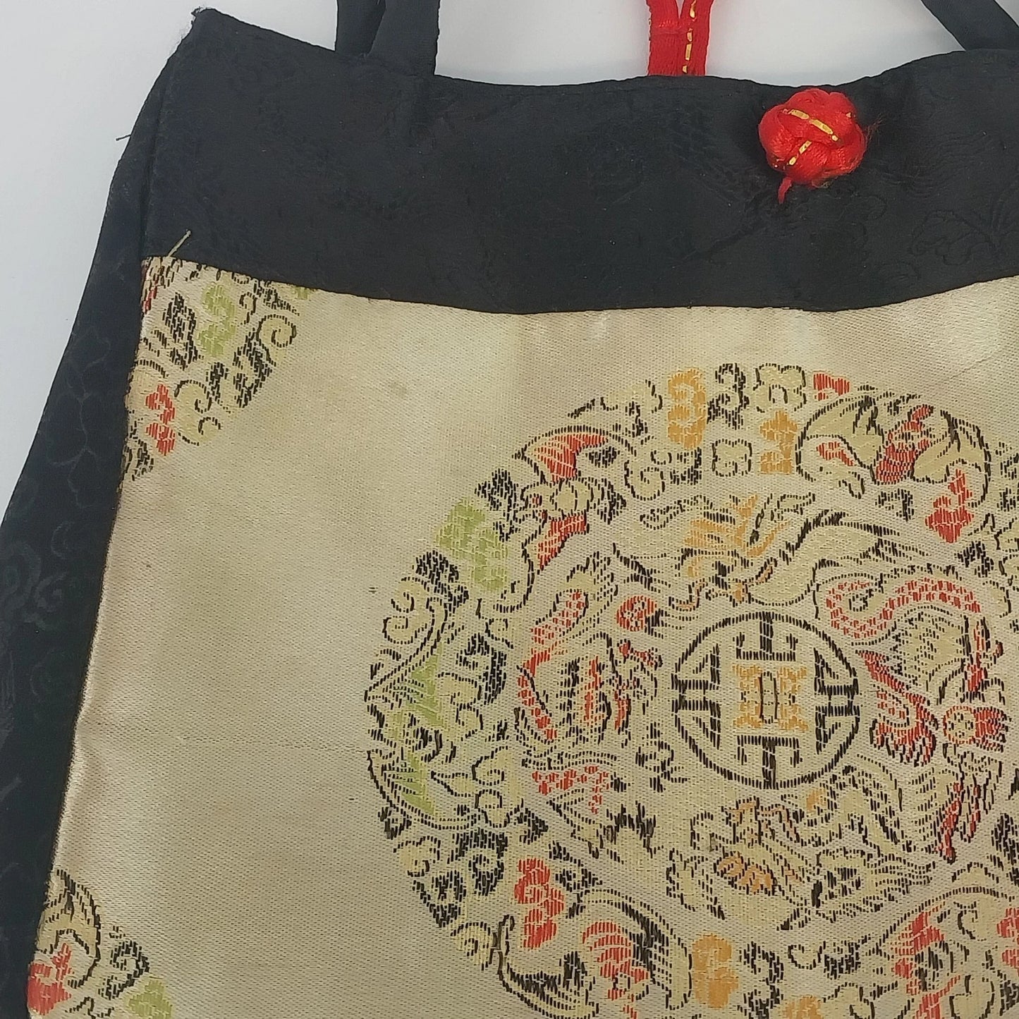 Asian Style Silk Brocade Tote Bag Black Gold Chinese Embroidered Shoulder Purse