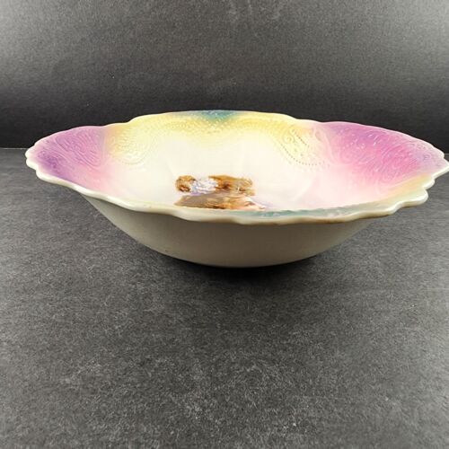 Portrait of Woman Serving Bowl Embossed Designed Scalloped Multicolor Rim Crazed