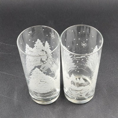 2 Avon Winter Scene Horse & Sleigh Drinking Glasses 2.8"d x 6.25"h Vintage 1995