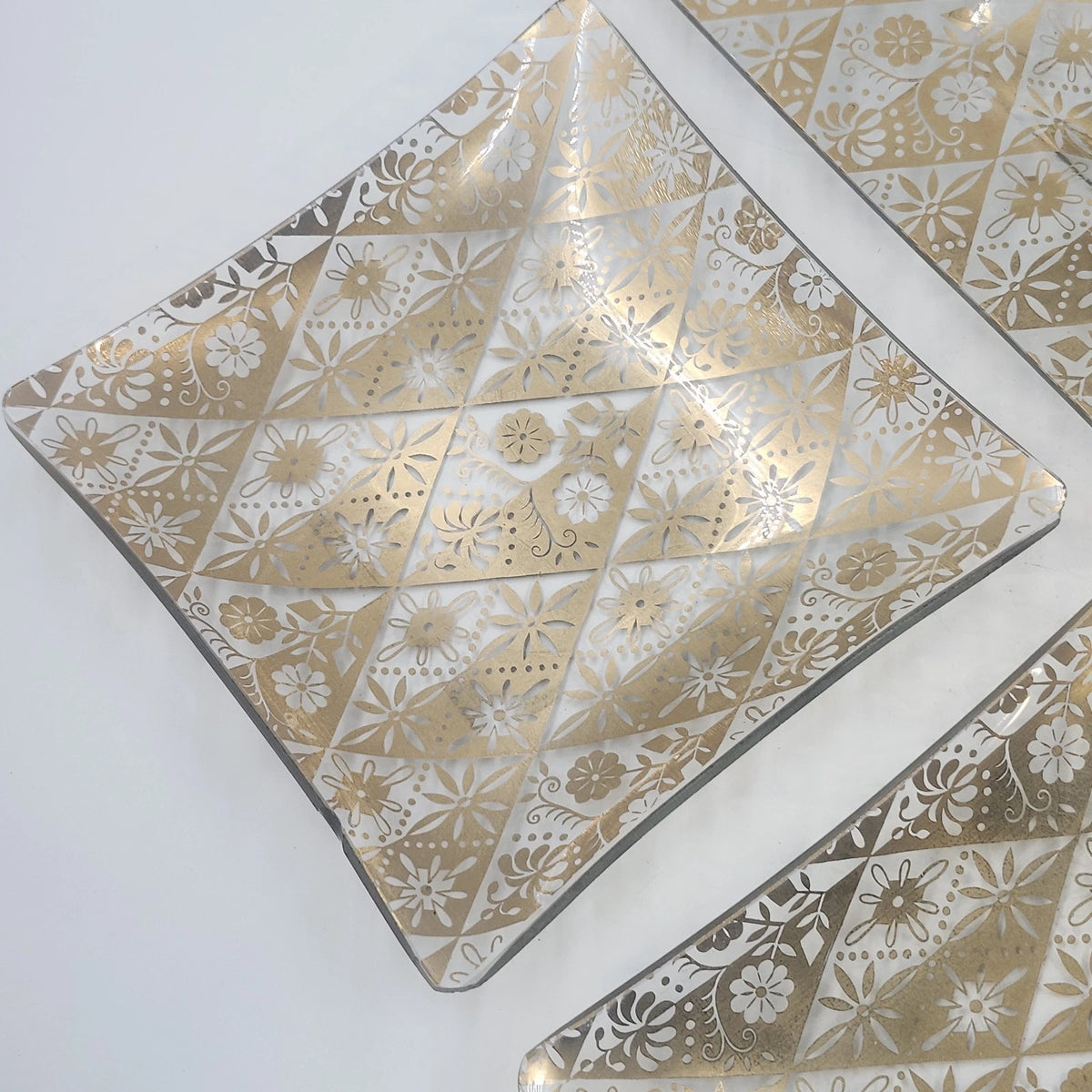 Gold White Floral Glass Serving Platter & 2 Side Dishes 3 Piece Set 22" Vintage
