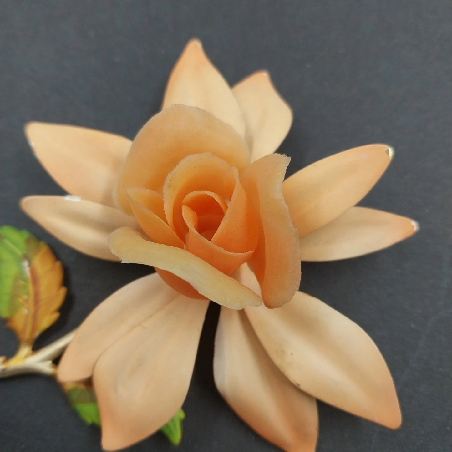 Orange Fabric Rose Brooch Gold Tone Stem Green Enamel Leaves Vintage
