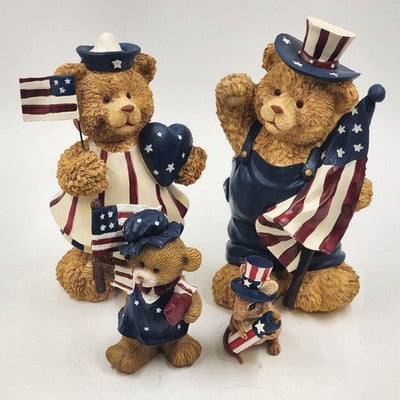 Set of 3 Patriotic Teddy Bear Figurines w Mouse 4th of July Stars & Stripes USA