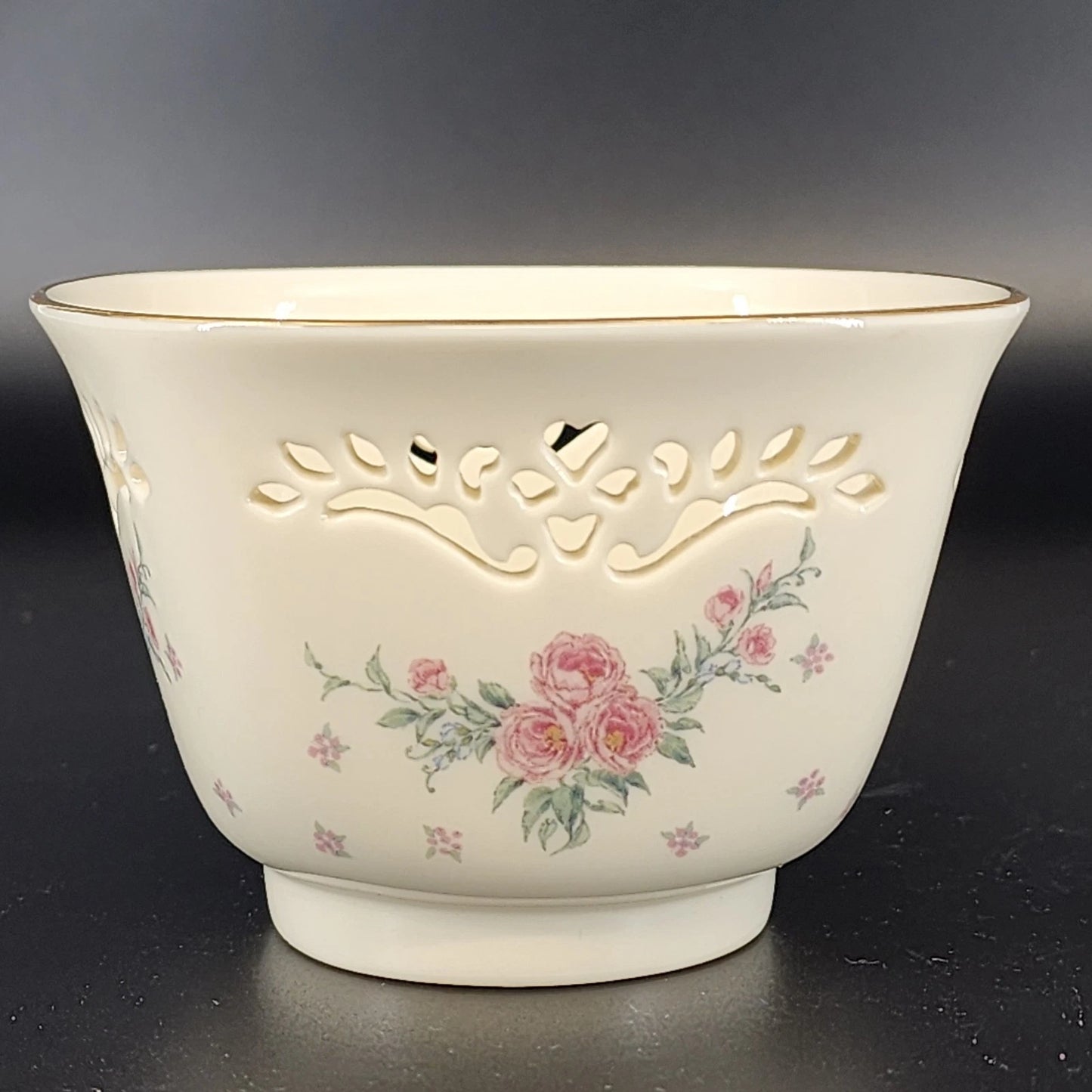 Lenox Petite Rose Trinket Bowl Cream Porcelain Lace Cut Out 24K Gold Trim 4.25"